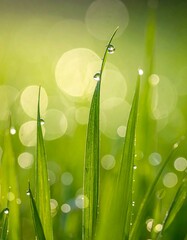 Close-up of blades of grass with water droplets, bokeh background