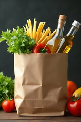 Grocery bag filled with fresh ingredients for cooking.