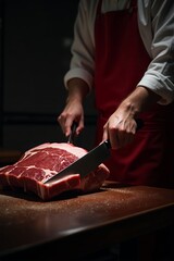 Butcher expertly slicing a raw beef roast on a wooden board.