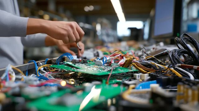 Headless shot of sorter's torso beside focused accumulation of circuit boards and messy cable assemblies, with copy space