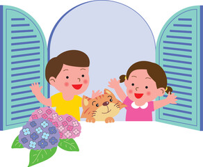 窓辺の子供と猫と紫陽花
