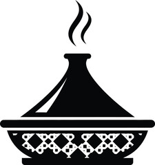 Stylized black and white icon of a steaming tagine pot