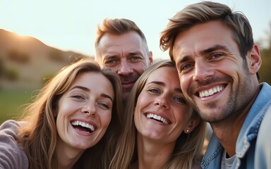 Cheerful vertical selfie of a group of mature people looking at camera happily, taking photos during their family trip together. High quality