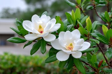 Obraz premium White magnolia flowers blooming in vibrant green foliage