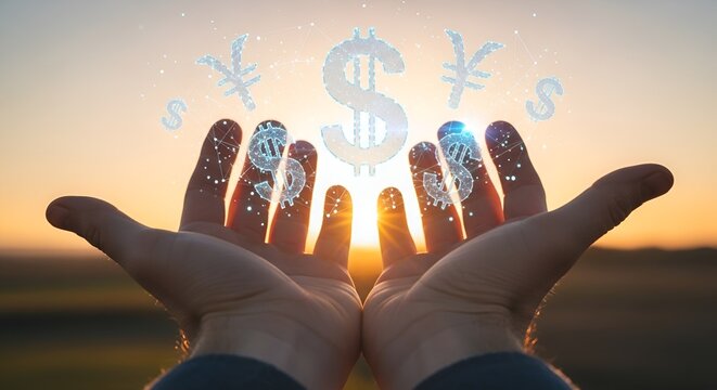 Hands held open with illuminated dollar symbol and glowing currency icons — symbolizing wealth generation, financial growth, investment opportunity and income flow.
