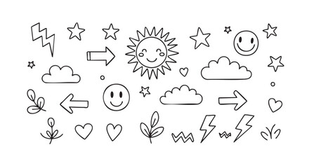 Obraz premium Black and white doodles collection including cloud heart star leaf arrows