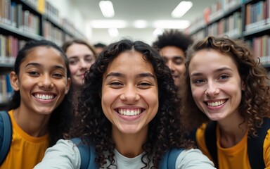POV selfie photo of multiethnic group of students smiling at camera in school library. High quality