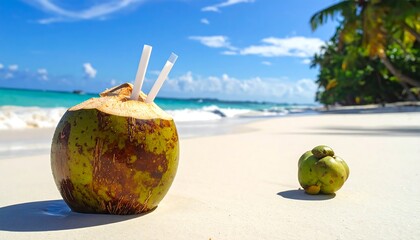 Coconut drink with straws on a sandy beach, sunny day