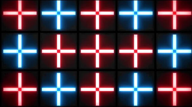 Unique abstract grid of glowing red and blue neon light creates futuristic pattern. One different cross stands out in this energetic and dynamic visual design