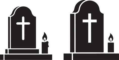 Tombstone with cross and burning candle icon Grave marker silhouette with lighted candle

Cross on tombstone memorial vector icon

Funeral icon black silhouette of a gravestone