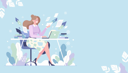 Professional woman happily managing documents and workload at her office desk Flat illustration