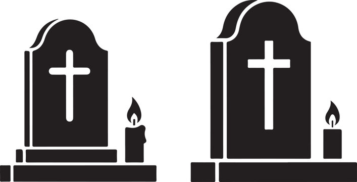 Tombstone with cross and burning candle icon Grave marker silhouette with lighted candle

Cross on tombstone memorial vector icon

Funeral icon black silhouette of a gravestone