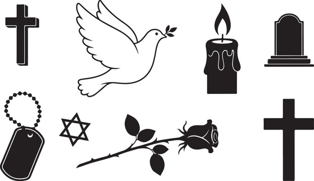 Remembrance and memorial icon set with candle Mourning symbols collection for loss and grief

Peace dove and candle memorial graphics