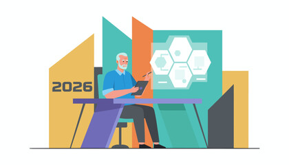 Expert using tablet for futuristic data analysis and business planning for 2026