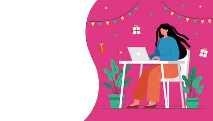 Woman using a laptop for remote work or holiday shopping against a festive pink background with copy space