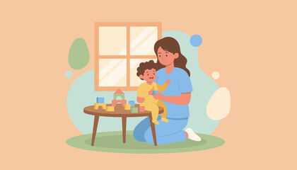 Nurturing caregiver and toddler playing blocks Child development education and daycare illustration
