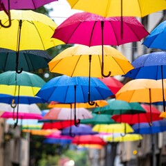 Colorful umbrellas above street