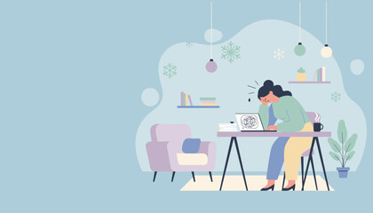 Burnout illustration Stressed woman experiencing mental overload while working remotely in her home office