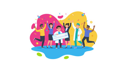 Diverse team celebrates major achievement holding giant check for financial reward or donation