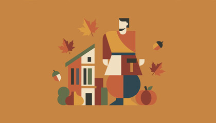 Fototapeta premium Geometric autumn illustration of a smiling man house pumpkin and leaves Fall season concept