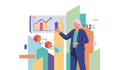Senior businesswoman analyzing growth charts and strategy planning for 2026