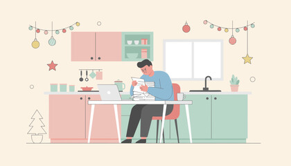 Stressed man reading financial documents and bills while working from home during the holidays