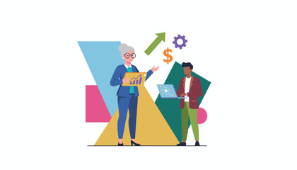 Business team analyzing financial growth data using technology and collaboration in a flat design