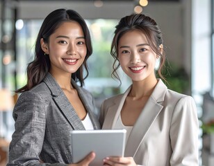 Two smiling Asian businesswomen colleagues holding a tablet in a modern office.