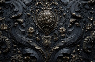 An ornate and detailed close-up showcases a dark, textured with intricate patterns and designs.