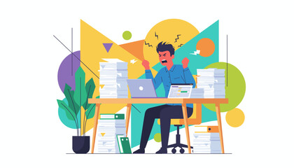Angry worker overwhelmed by stacks of paperwork and deadlines at his office desk