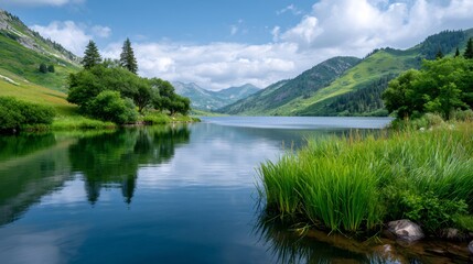 Fototapeta premium Alpine lake reflecting mountains and summer sky