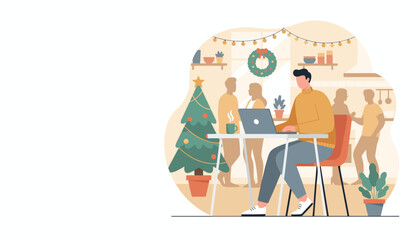 Man working on laptop during Christmas party at home balancing work and festive holiday lifestyle