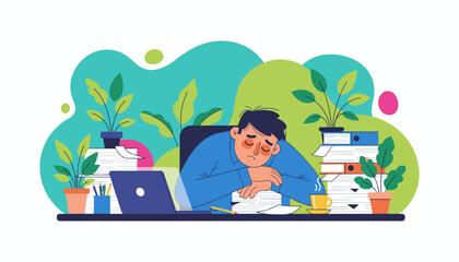 Professional burnout Tired worker sleeping on a desk overloaded with documents and paperwork