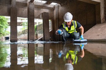 Environmental Scientist Collecting Water Samples Under Bridge for Quality and Pollution Control