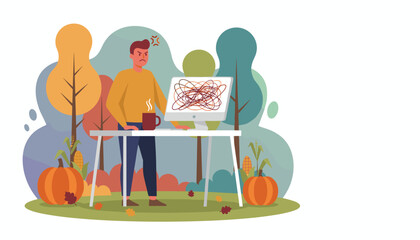 Frustrated worker faces complex digital mess outdoors during fall Stress and technical issues