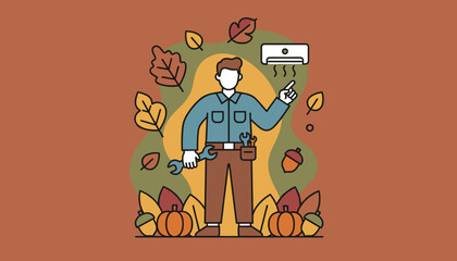 Technician repairing AC unit during autumn HVAC service and seasonal maintenance illustration