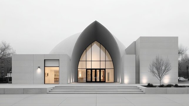 Modern science center with spherical dome entrance and concrete facade under overcast sky - Powered by Adobe