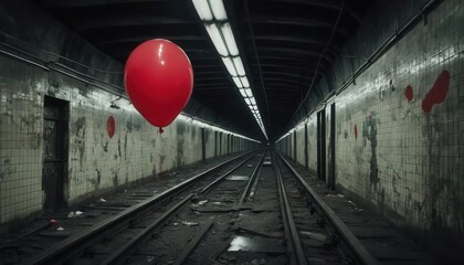 Lonely Red Balloon Floating in Abandoned Subway Tunnel at Night