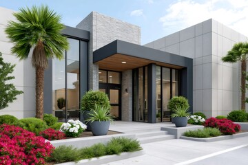 Fototapeta premium Modern office building exterior with landscaped entrance and palm trees