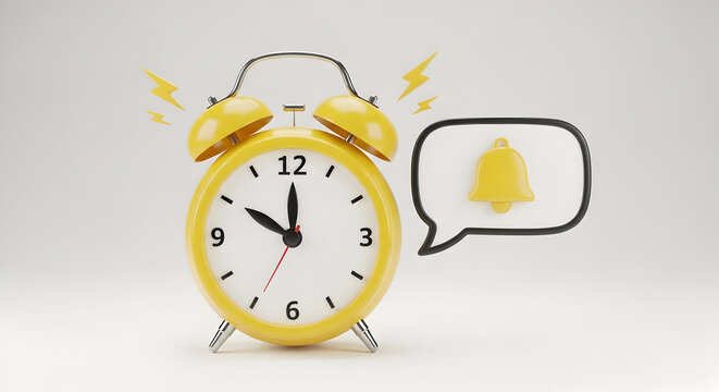 Bright Yellow Alarm Clock with Notification Bubble for Reminder Alerts and Time Management Tools that Inspire Promptitude