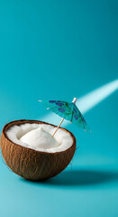 A half of coconut with coconut cream and a cocktail umbrella on a blue background in the studio with a ray of light