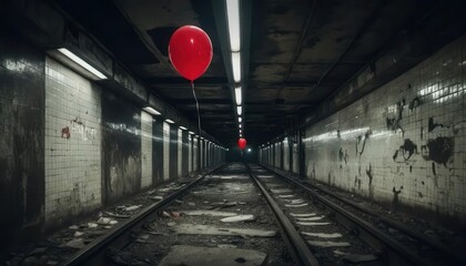 Haunting Underground Tunnel with Floating Red Balloon in Shadows
