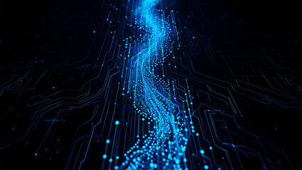 Abstract Blue Digital Data Stream Flowing Through Circuitry on Black Background image photo