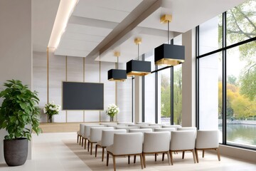 Modern conference room with chairs, screen, and lake view
