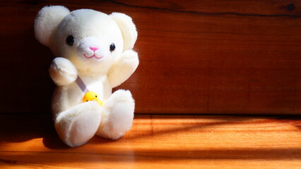 Teddy Bear on the left side of a vintage wooden background, featuring ample copy space, with Warm...