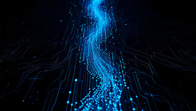 Abstract Blue Digital Data Stream Flowing Through Circuitry on Black Background image photo - Powered by Adobe