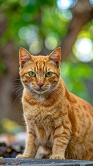 Ginger feline with striking green eyes gazes forward, perched outdoors