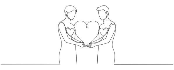 Connection illustration, minimalist line drawing of two figures holding shared heart symbol, representing love, unity, and emotional bond on white