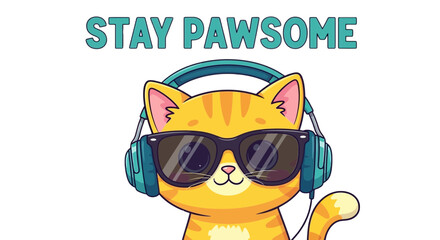 Stay pawsome cute cat with sunglasses and headphones funny pet concept