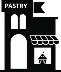 Black and white illustration of a pastry shop building with a cupcake in the window